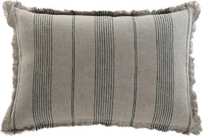 Pernă decorativă din in natural cu dungi, 60 x 40 cm, 500 g, bej și gri, franjuri, husă cu fermoar, „Linen Cushion Striped"