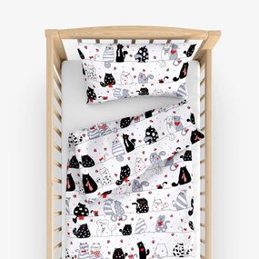 Goldea lenjerie pătuț din 100% bumbac - pisici comice pe alb 100 x 135 și 40 x 60 cm