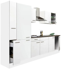 Mobilă de bucătărie Yorki 300, corp alb, cu față satinată albă și dulap cu raft