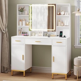 SEA1 - Set Masa toaleta 104 cm, cu 3 sertare, Cu Priza, USB si USB-C, cosmetica, machiaj, oglinda cu LED, masuta vanity, make-up - Alb