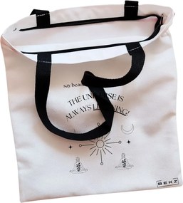Sacosa de Panza pentru Cumparaturi, Geanta Tote, model The Universe Listens, Cu fermoar, 38x34.5 cm, Alba, BEKZ®