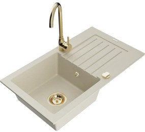 Mexen Pablo chiuvetă din granit cu 1 cameră și picurător și baterie de bucătărie Telma, bej - 6510-69-670200-50