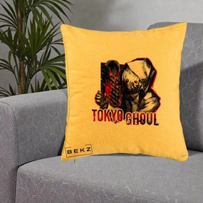 Perna Personalizata Tokyo Ghoul Ken Kaneki Anime, 40x40 cm, Galben, Husa Detasabila, Perna Inclusa, BEKZ®