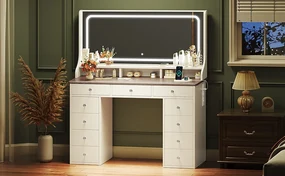SEA909 - Set Masa toaleta 110 cm pentru colt, cu 11 sertare, cosmetica machiaj, oglinda cu LED, masuta vanity, cu Prize si USB - Alb
