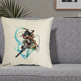 Perna Personalizata Attack on Titan Mikasa Ackerman Lupta, 40x40 cm, Ecru, Husa Detasabila, Perna Inclusa, BEKZ®