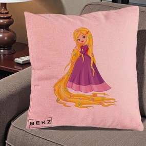 Perna Personalizata Rapunzel Par Lung Floral, 40x40 cm, Roz, Husa Detasabila, Perna Inclusa, BEKZ®