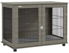 PawHut Cușcă pentru câine 2 în 1 masă de cafea cu pernă de plus detașabilă ușă blocabilă 100 x 60 x 73,5 cm gri | Aosom Romania