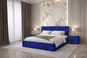 Pat tapitat Royal 160x200 cm, Albastru + Saltea Superortopedica Gold, grosime 20 cm + Set 2 noptiere Royal, Albastru