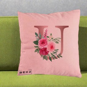 Cadou Personalizat - Perna Personalizata Monograma Rose Gold Litera U, 40x40 cm, Roz, Husa Detasabila, Perna Inclusa, BEKZ®