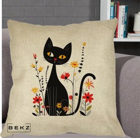 Perna Decorativa Pisica Neagra Ochi Galbeni Flori, 40x40 cm, Crem, Husa Detasabila, Perna Inclusa, BEKZ®
