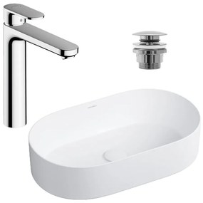 Pachet lavoar pe blat Omnires Mesa alb 53.5 cm, baterie lavoar Hansgrohe Vernis Blend 190 crom si ventil lavoar Click-Clack crom