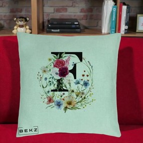 Cadou Personalizat - Perna Personalizata Monogram Litera F cu Flori Acuarela, 40x40 cm, Verde Menta, Husa Detasabila, Perna Inclusa, BEKZ®