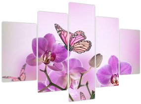 Tablou - Fluture pe flori de orhidee, liliac (150x105 cm)