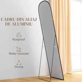 HOMCOM Oglindă de Podea și Perete Modernă din Aliaj de Aluminiu cu Suport Pliabil, 50x170 cm, Neagră | Aosom Romania