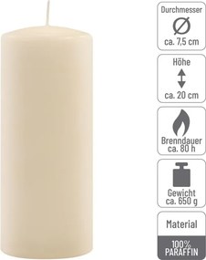 Set de lumânări pilon, 20 cm, Ø 7,5 cm, crem, 6 buc