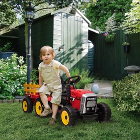 HOMCOM Tractor Electric pentru Copii cu Remorcă Detașabilă, Telecomandă și Lumini, pentru Copii 3-6 Ani, 136,5x50x52,5 cm, Roșu | Aosom Romania