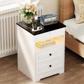 NOA73 - Set 2x Noptiere 43 cm, cu 3 sertare si raft, Priza, USB si Blocare cu Amprenta, dormitor - Alb - Negru