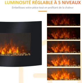 HOMCOM Șemineu Electric de Perete 900/1800W Încălzire cu Efect de Flacără 3D Reglabil, Șemineu Electric cu Lumină LED în 7 Culori, Telecomandă, Temporizator și Termostat, 30 m², Negru | Aosom Romania