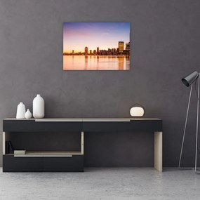 Tablou pe sticlă cu oraș în apus de soare (70x50 cm)