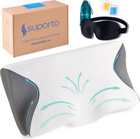 Set Perna Ortopedica Cervicala Suporto Wings pentru dormit cu Extensii Gri + Masca de dormit 3D cu saculet Verde Smarald, Ideale pentru ochi obositi