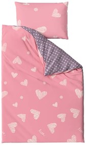 Lenjerie de pat din bumbac, reversibila, INIMI SI BULINE roz