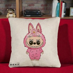 Perna Personalizata Labubu Roz cu Coroana Florala, 40x40 cm, Bej Canapea, Husa Detasabila, Perna Inclusa, BEKZ®