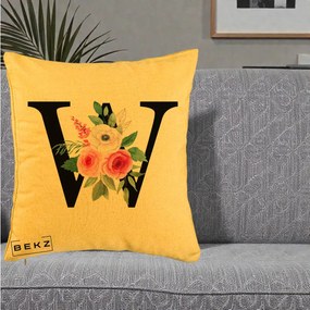 Cadou Personalizat - Perna Personalizata Monograma Florala Litera W cu Trandafiri si Anemona, 40x40 cm, Galben, Husa Detasabila, Perna Inclusa, BEKZ®