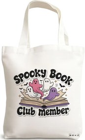 Sacosa de Panza pentru Cumparaturi, Geanta Tote, model Spooky book Club member 38 x 34.5 cm, Alba, BEKZ®