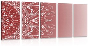 Tablou 5-piese Mandala albă pe un fundal vișiniu