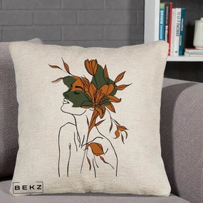 Perna Decorativa Portret Feminin Crin Auriu, 40x40 cm, Bej Canapea, Husa Detasabila, Perna Inclusa, BEKZ®
