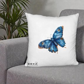 Perna Decorativa Fluture Albastru Satin cu Pete Aurii, 40x40 cm, Alb Pufos, Husa Detasabila, Perna Inclusa, BEKZ®
