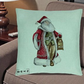 Perna Decorativa Mos Craciun Vintage cu Felinar, 40x40 cm, Verde Menta, Husa Detasabila, Perna Inclusa, BEKZ®
