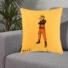 Perna Personalizata Naruto Uzumaki Portret Complet, 40x40 cm, Galben, Husa Detasabila, Perna Inclusa, BEKZ®