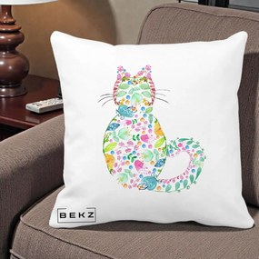 Perna Decorativa Pisica Florala Acuarela, 40x40 cm, Alba Mata, Husa Detasabila, Perna Inclusa, BEKZ®