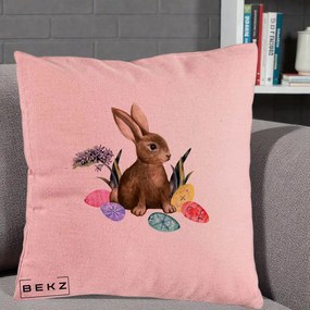 Perna Decorativa Iepuras cu Oua de Pasti Acuarela, 40x40 cm, Roz, Husa Detasabila, Perna Inclusa, BEKZ®