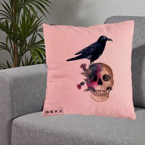 Perna Decorativa Craniu cu Corb si Flori Gothic, 40x40 cm, Roz, Husa Detasabila, Perna Inclusa, BEKZ®