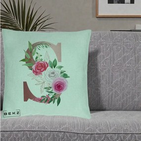 Cadou Personalizat - Perna Personalizata Monograma Rose Gold Litera S, 40x40 cm, Verde Menta, Husa Detasabila, Perna Inclusa, BEKZ®
