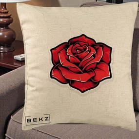 Perna Decorativa Trandafir Rosu Tattoo, 40x40 cm, Bej, Husa Detasabila, Perna Inclusa, BEKZ®
