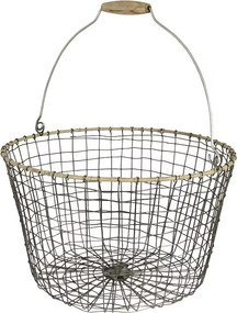 Coș rustic din zinc rotund, mare, mâner din lemn, Ø 40 cm, „Alvar"
