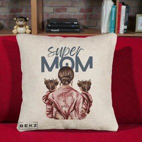 Cadou pentru Mama - Perna Personalizata Super Mom of Girls Mama cu Gemene, 40x40 cm, Bej Canapea, Husa Detasabila, Perna Inclusa, BEKZ®