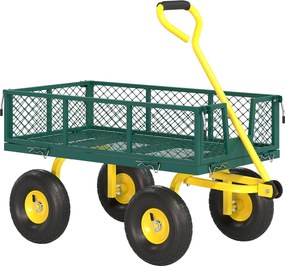 Outsunny Cărucior de Grădină Robust, Remorcă din Oțel cu Pereți Laterali Detașabili, Convertibil în Platformă, Roți de 25cm, Mâner Rotativ la 180°, Capacitate 200 kg, pentru Plajă, Peluză și Grădină, Verde | Aosom Romania