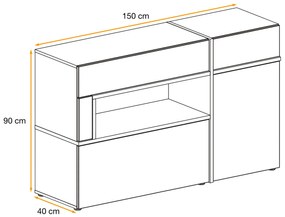 Comoda 150cm lungime x 90x 40 cm , 2 sertare 2 usi,  alb lucios alb stejar inchis , deschidere sertar si usi push open prin apasare, led , pentru