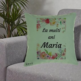 Cadou de Onomastica - Perna Personalizata La Multi Ani Maria Flori Acuarela, 40x40 cm, Verde, Husa Detasabila, Perna Inclusa, BEKZ®