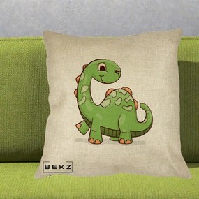 Perna Decorativa Brontosaur Verde Simpatic, 40x40 cm, Crem, Husa Detasabila, Perna Inclusa, BEKZ®