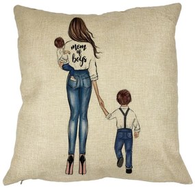 Perna Decorativa Patrata Mom of Boys, 40x40 cm, Husa Detasabila, Burduf