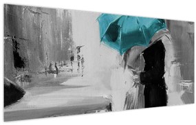Tablou - Cuplu în dragoste cu umbrelă, albastru (120x50 cm)