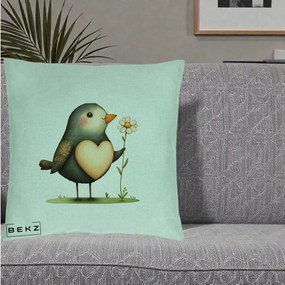Perna Decorativa Pasare cu Inima si Margareta, 40x40 cm, Verde Menta, Husa Detasabila, Perna Inclusa, BEKZ®
