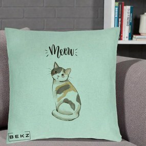 Perna Personalizata Pisica Meow Acuarela, 40x40 cm, Verde Menta, Husa Detasabila, Perna Inclusa, BEKZ®