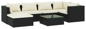 Set mobilier de gradina cu perne, 7 piese, negru, poliratan negru si crem, 3x colt + 2x mijloc + suport pentru picioare + masa, 1