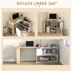 HOMCOM Birou de colț cu blat rotativ 360° și 5 rafturi, 120x110x74,5 cm, culoare lemn, alb | Aosom Romania